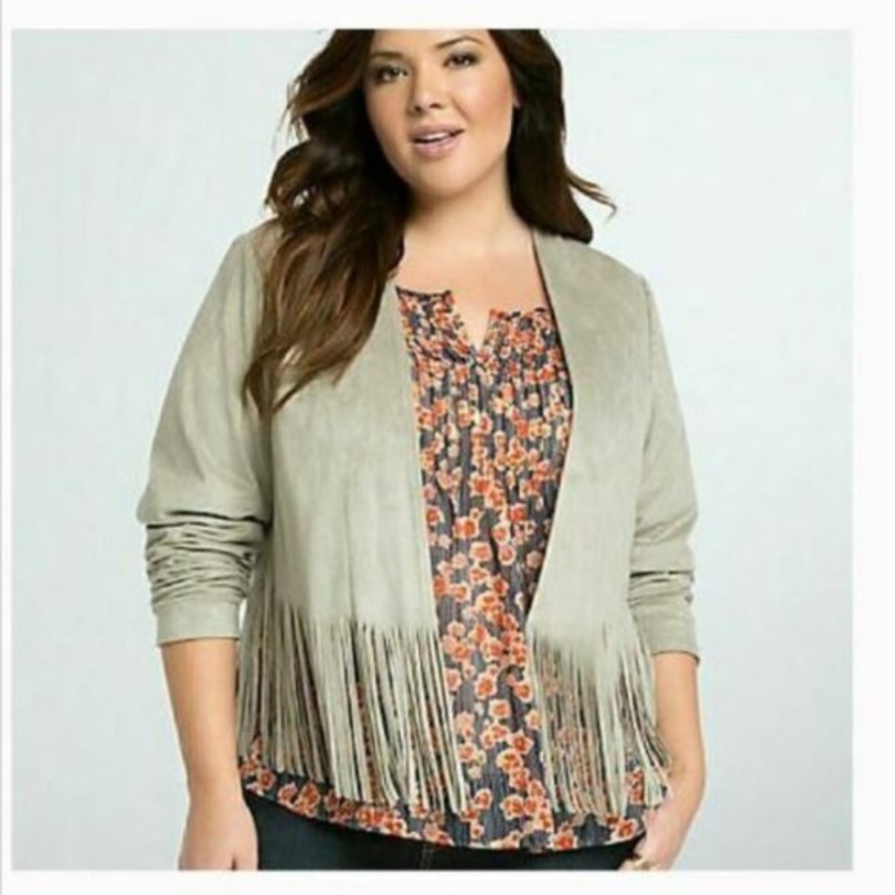 Torrid Suede Open Front Cropped Fringe Jacket  3X